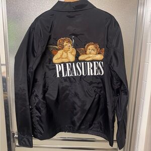 Pleasures Black Satin Jacket with Embroidered Angels